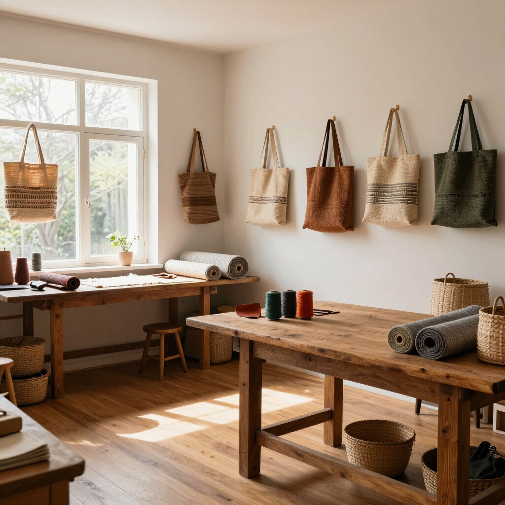 Sunlit weaving studio with rustic tables, woven wall bags, and rolls of fabric