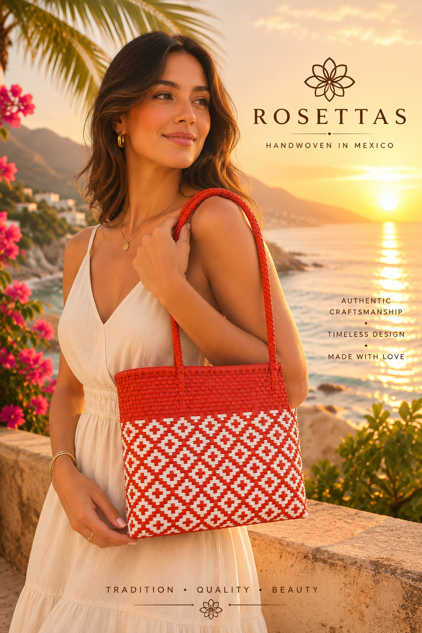 Black and cream geometric handwoven tote bag showing intricate weave texture