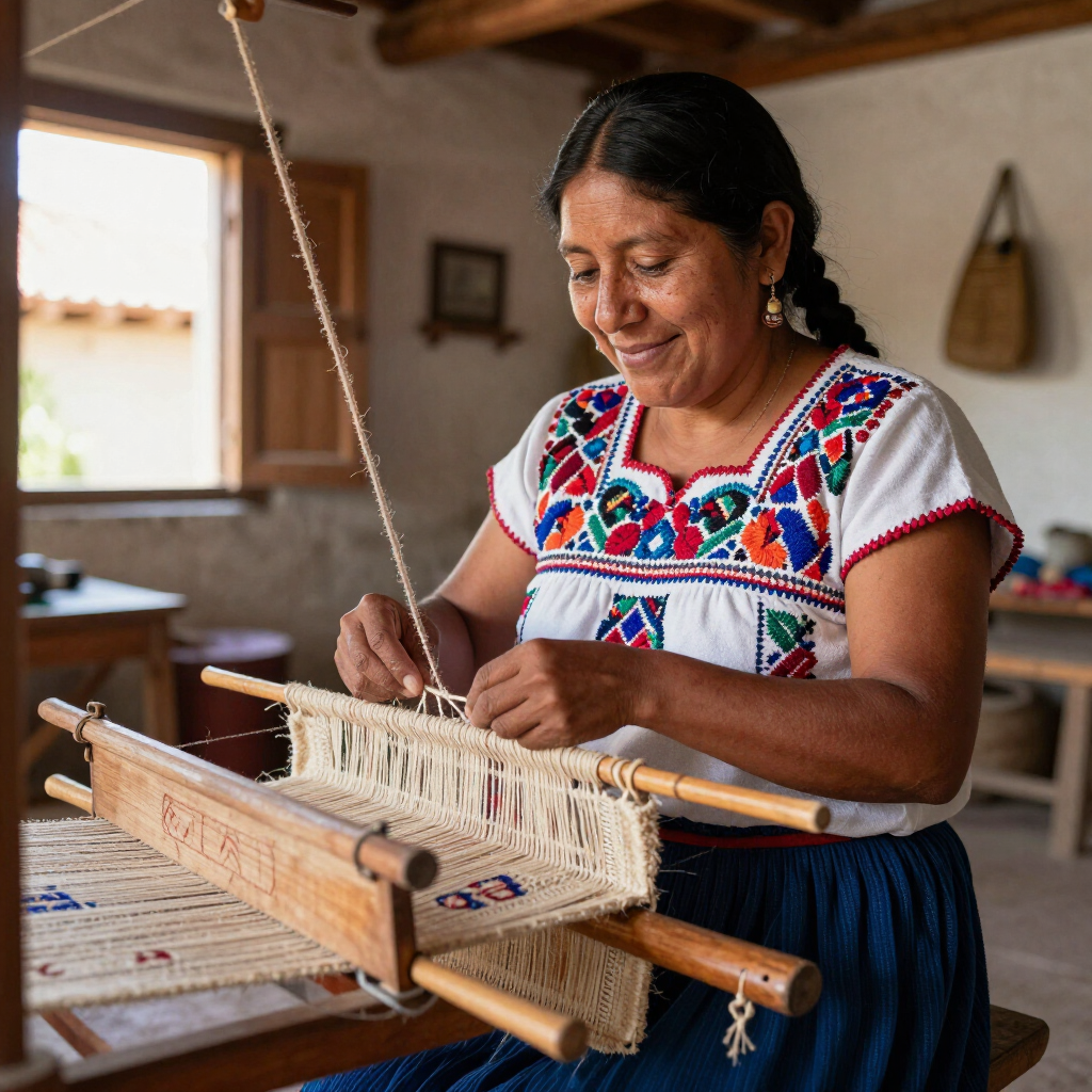 Woman weaving on a wooden loom in a rustic workshop, wearing a colorful embroidered blouse.