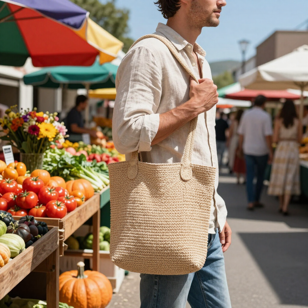 Person carrying a woven tote at an outdoor market beside colorful produce stalls