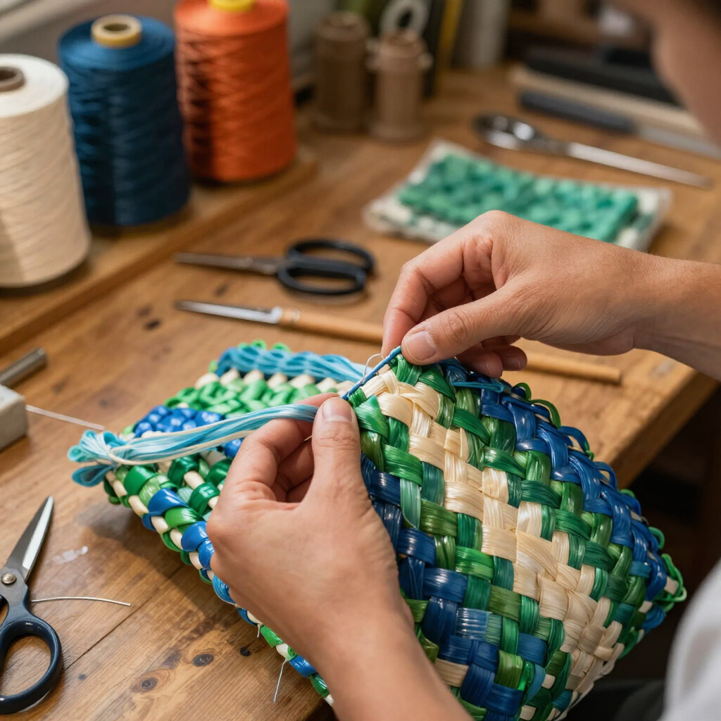 Hands weaving a blue, green, and cream basket on a wooden table with craft tools and thread.