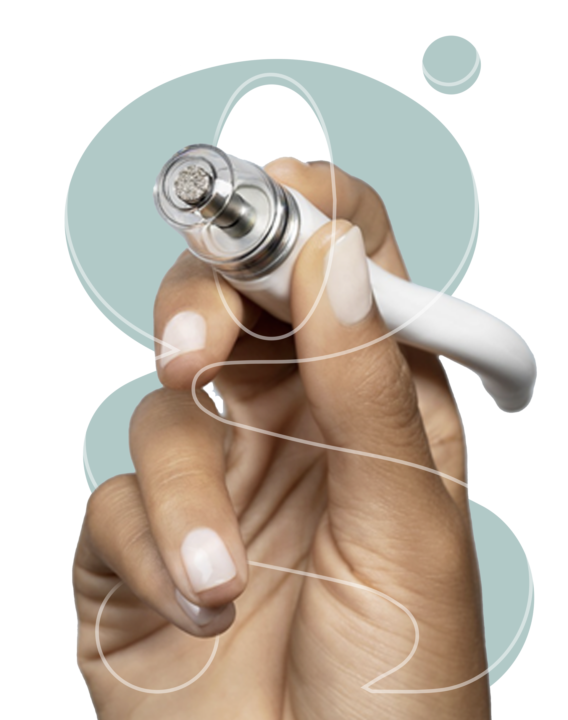 A woman 's hand is holding a pen with a question mark in the background