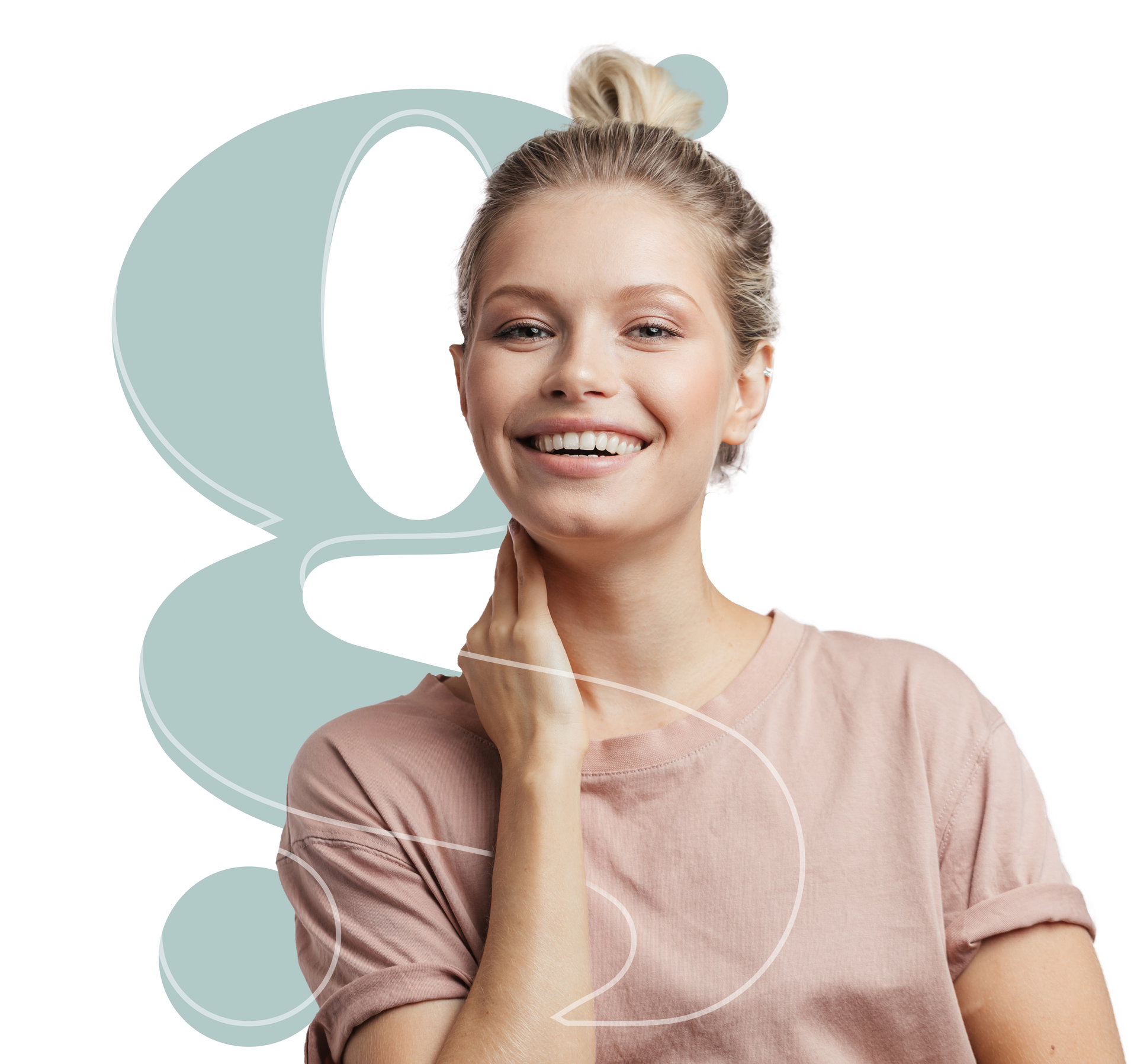 A woman in a pink shirt is smiling with a letter g in the background.