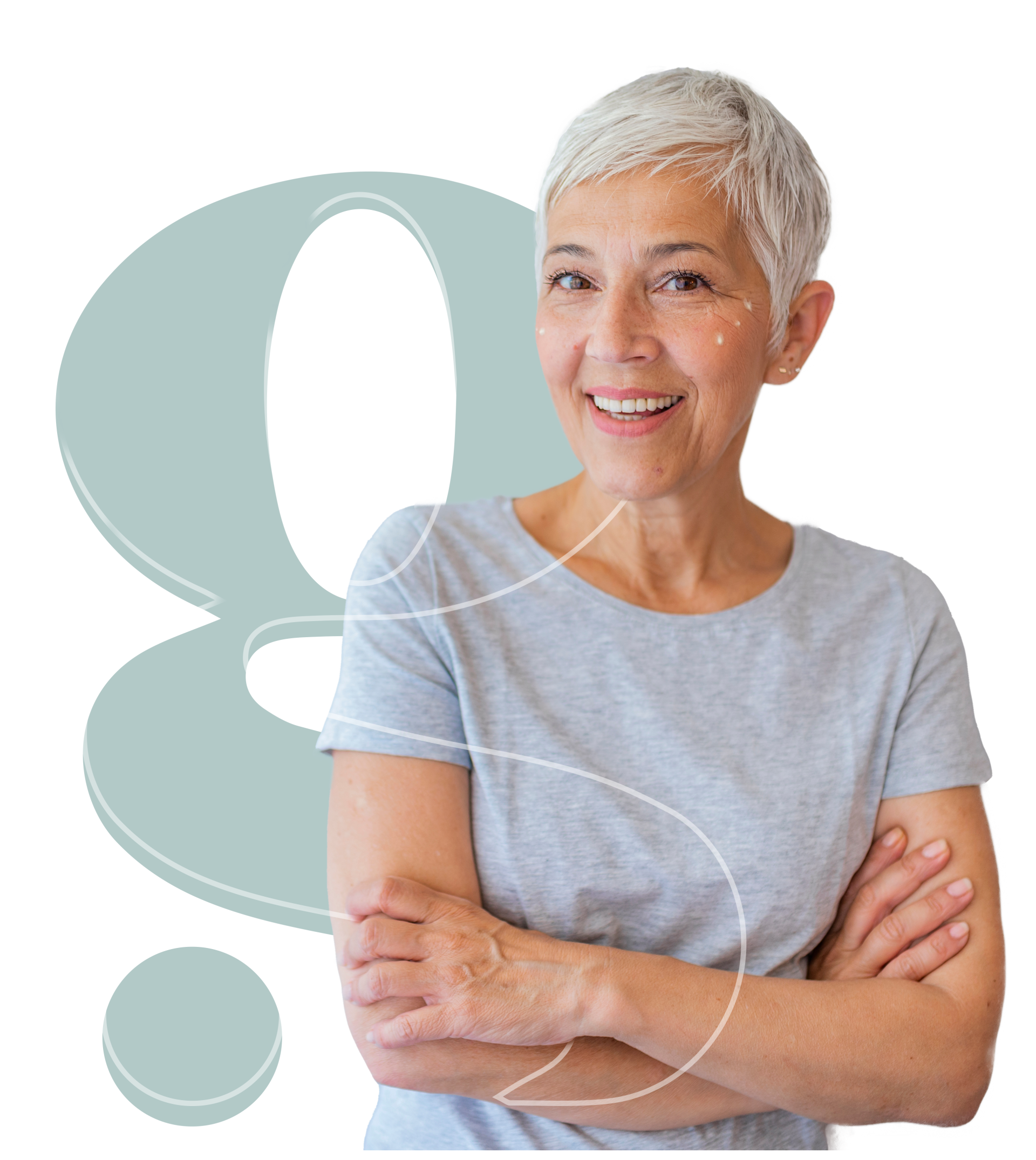 An older woman is smiling with her arms crossed in front of the genesis logomark