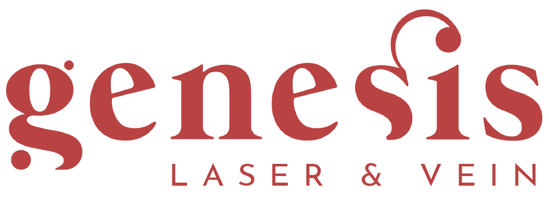 The logo for genesis laser and vein is red and white.