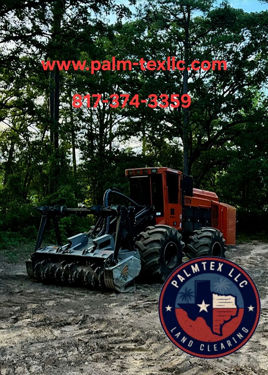 An orange land-clearing machine with a forestry mulcher attachment parked in a wooded area, with contact info overlaid.