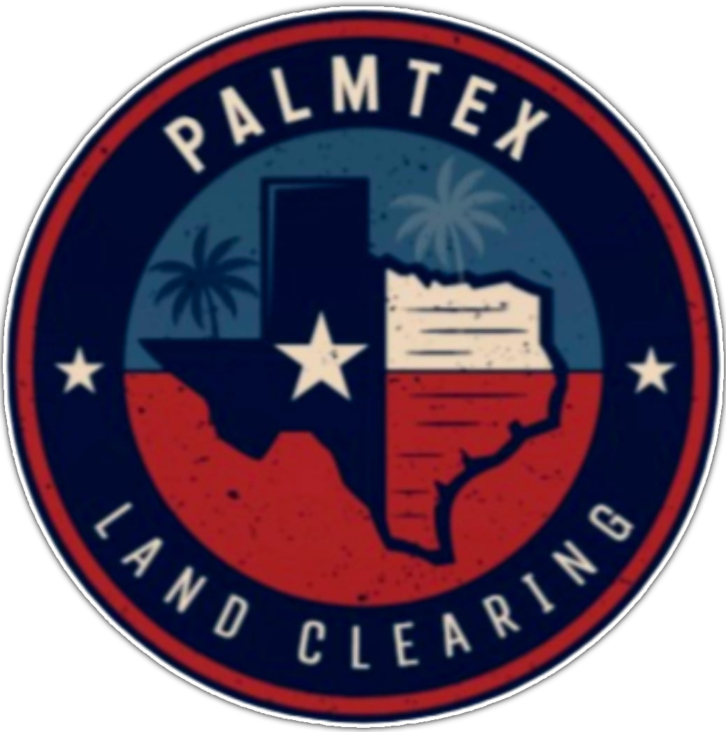 Logo for Palmtex Land Clearing featuring a Texas map with a star, palm tree silhouettes, and a red, white, and blue design.