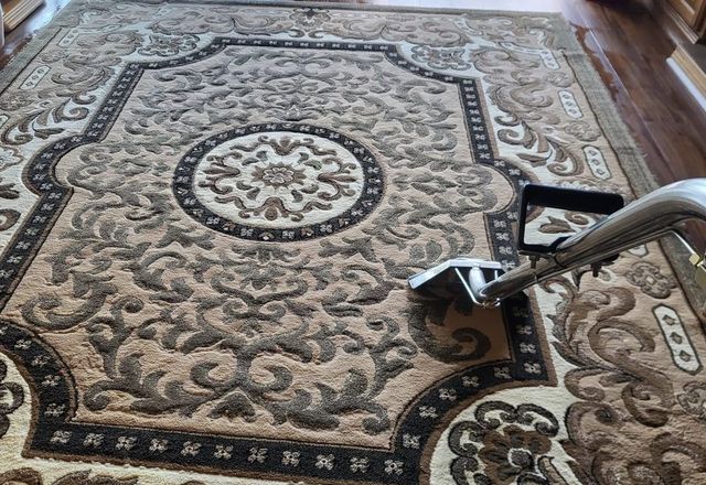 Carpet being cleaned with a machine; beige and brown floral pattern.
