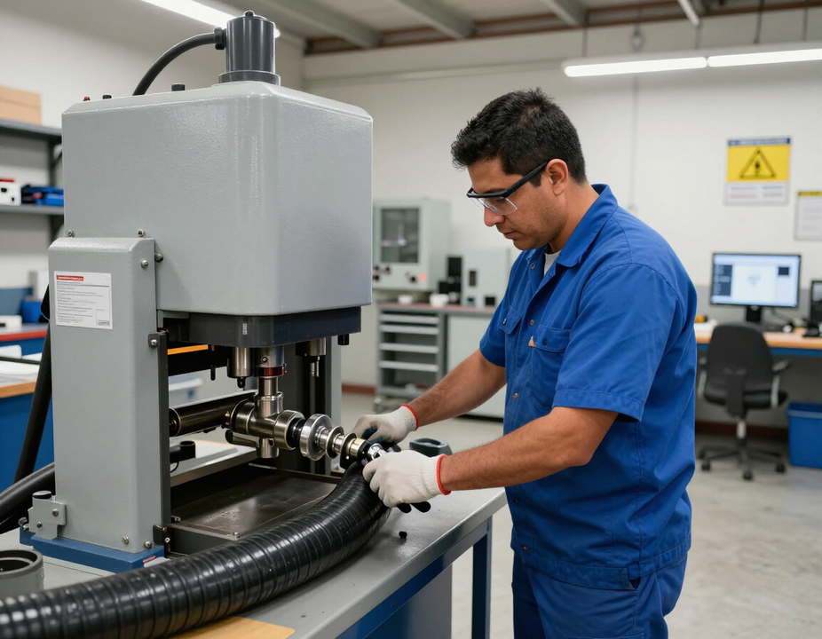 Técnico fabricando mangueras industriales en La Paz, BCS