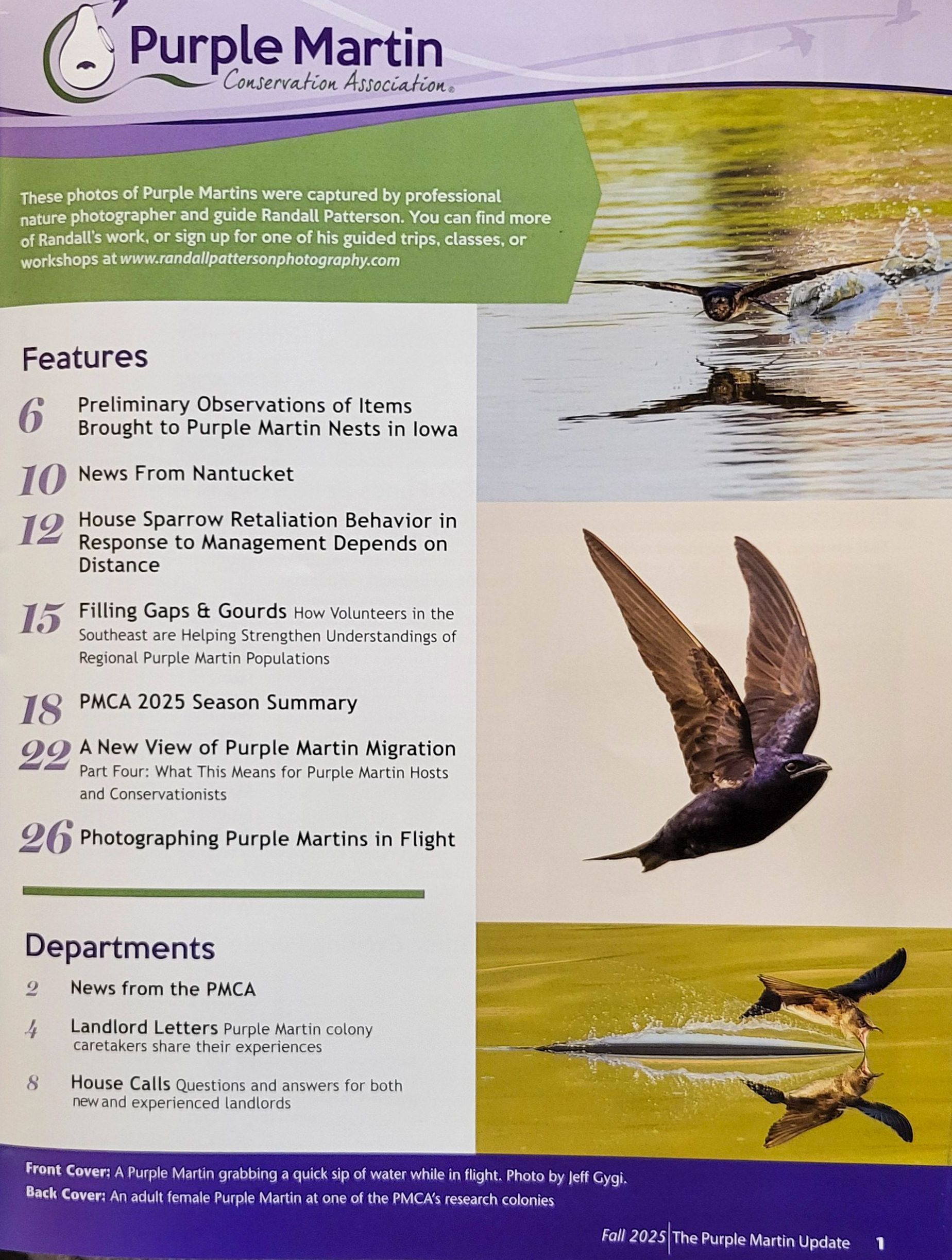Magazine cover: Purple Martin Conservancy with bird photos and article titles.