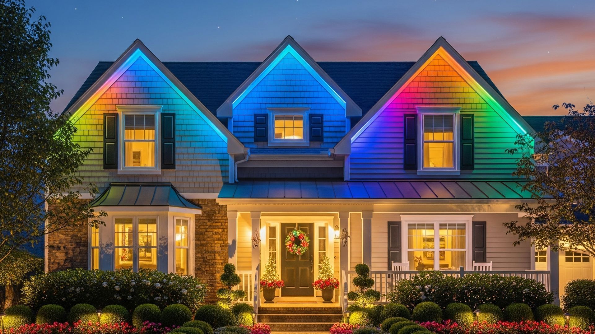House decorated with colorful rainbow lights at dusk, with a lit front porch and landscaped yard.