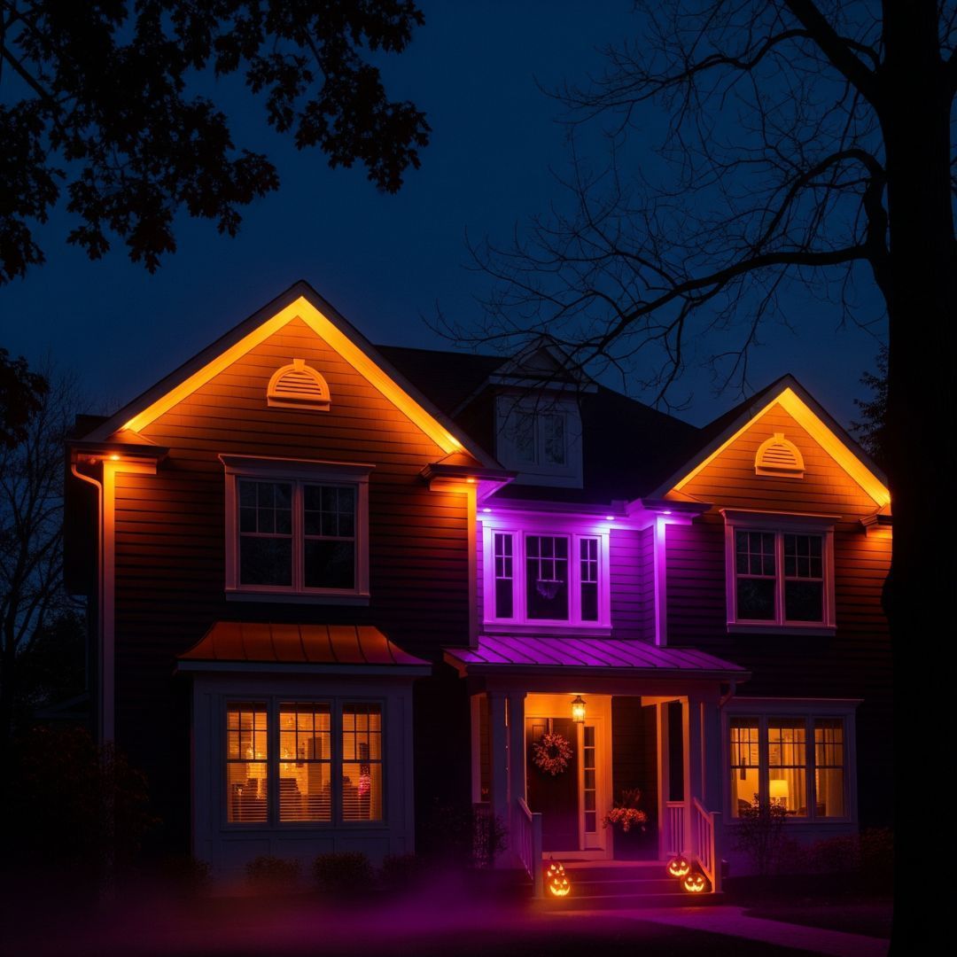 House at night glowing with orange and purple lights, with pumpkins by the front door.