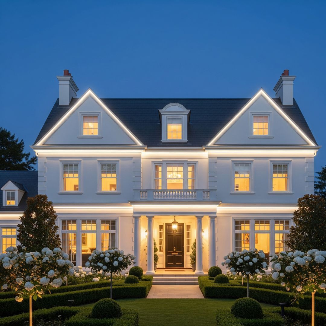 Illuminated white house with lit windows and manicured garden at dusk
