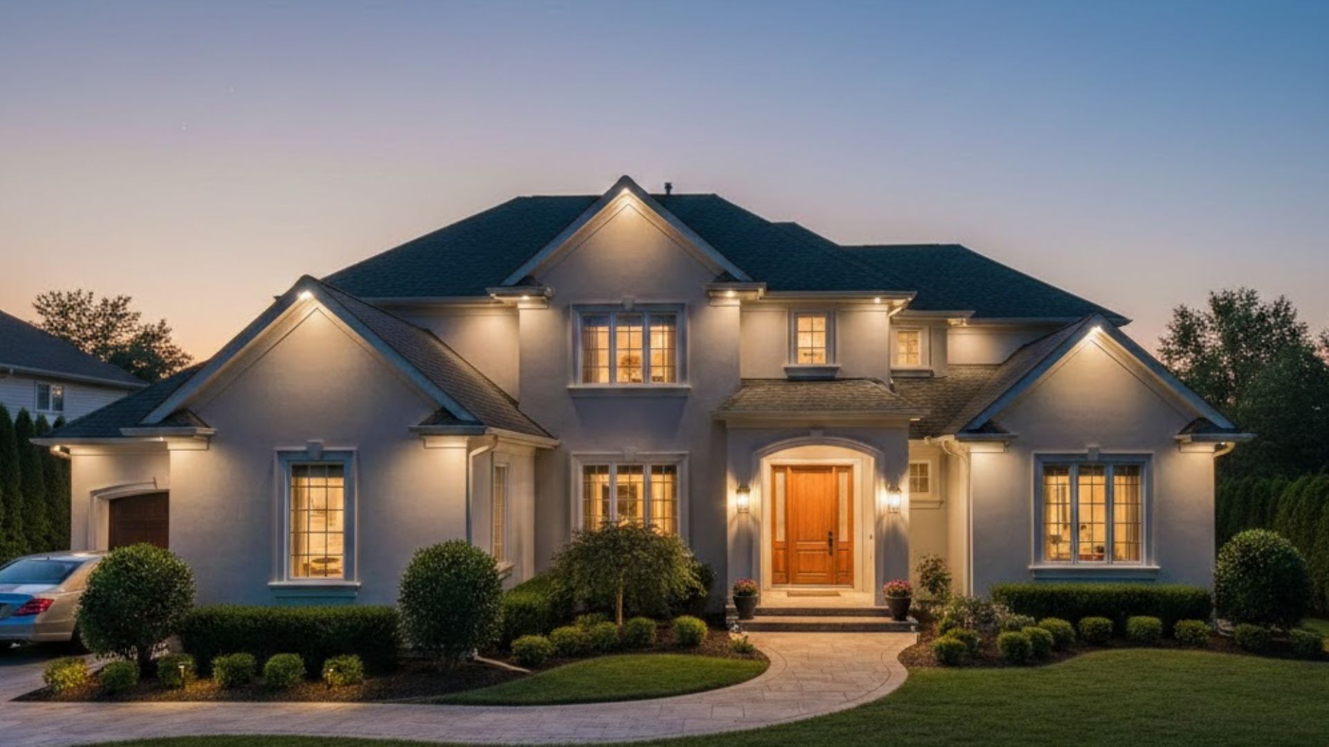 Illuminated suburban house at dusk with manicured lawn and front walkway