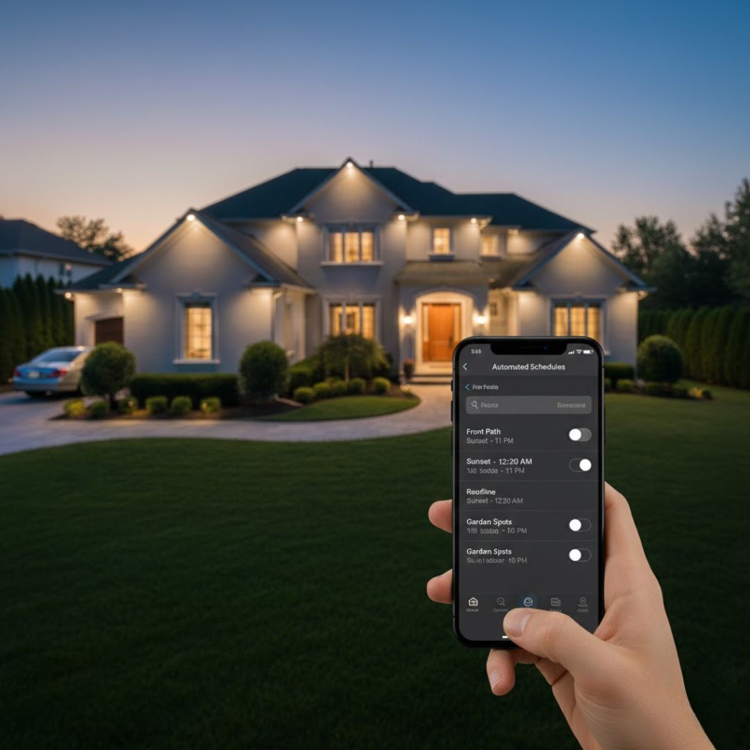 Hand holding a smartphone with home lighting controls, facing a lit suburban house at dusk