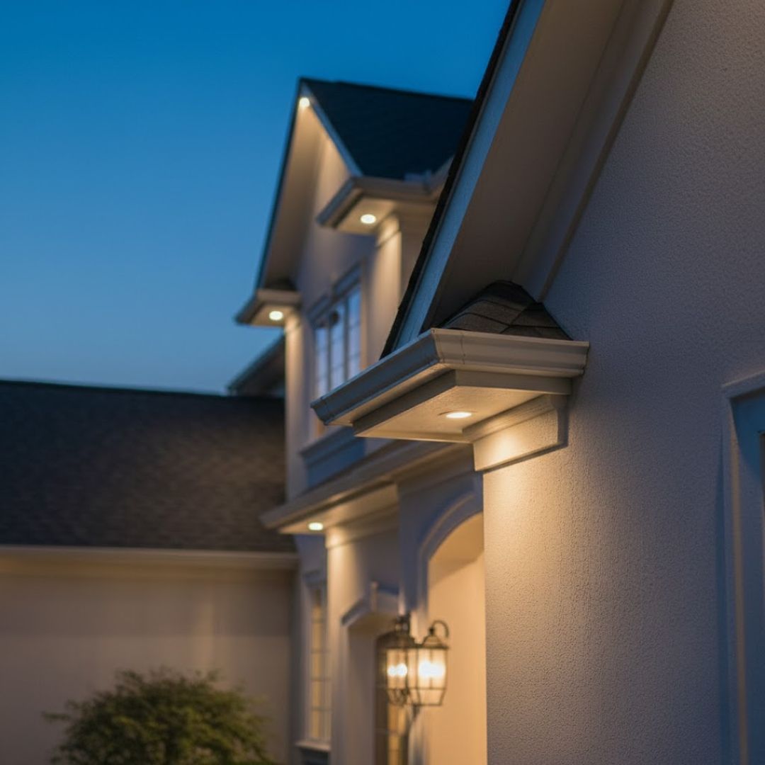 Exterior of a house at dusk with lit porch lights and gray siding