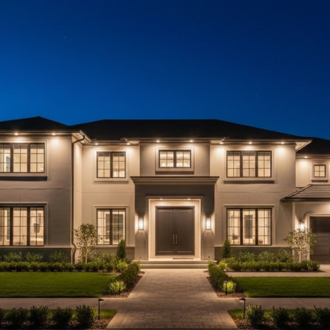 Illuminated modern two-story house at night with a central front door and landscaped walkway