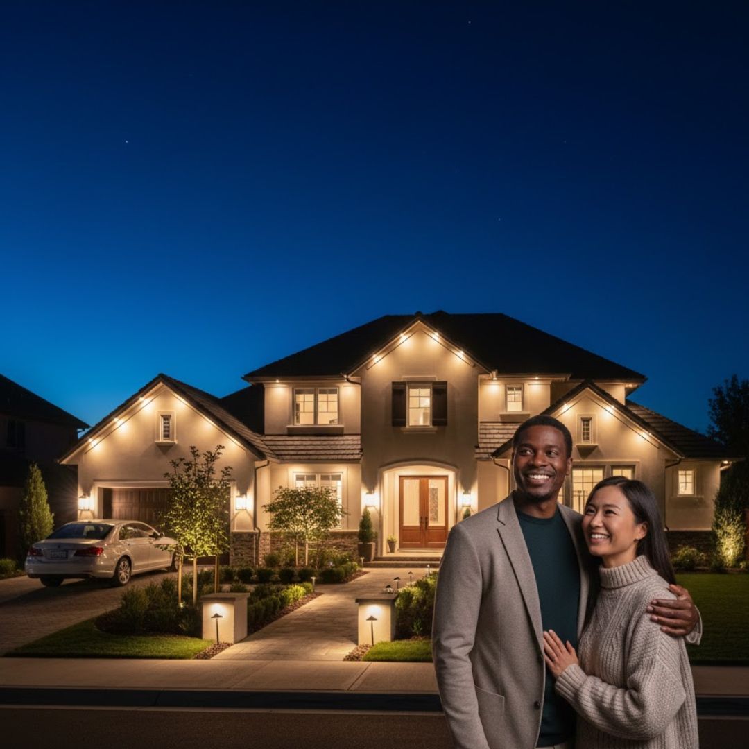 Couple smiling in front of a warmly lit suburban house at dusk