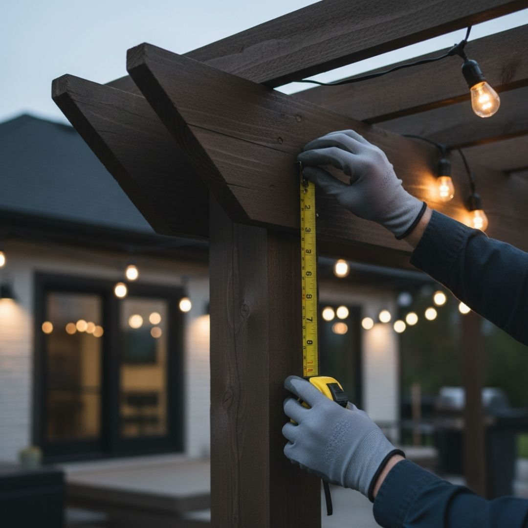 Person measuring a dark wooden pergola beam with a tape measure at dusk, lights glowing in the background