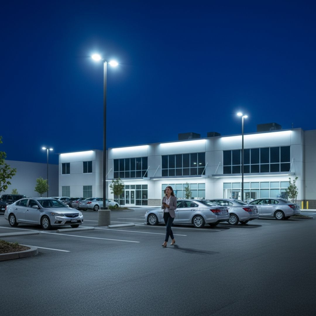 Nighttime parking lot outside a lit modern office building, with parked cars and a person walking across the lot