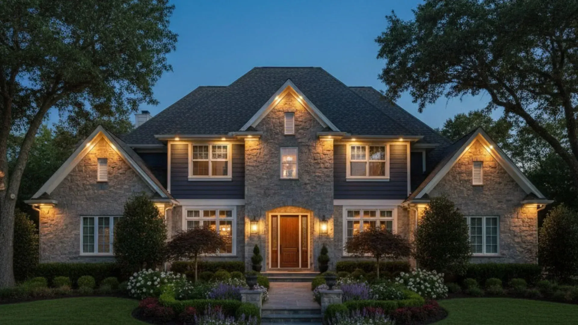 Elegant two-story stone house at dusk, lit warmly with landscaped front yard and trees
