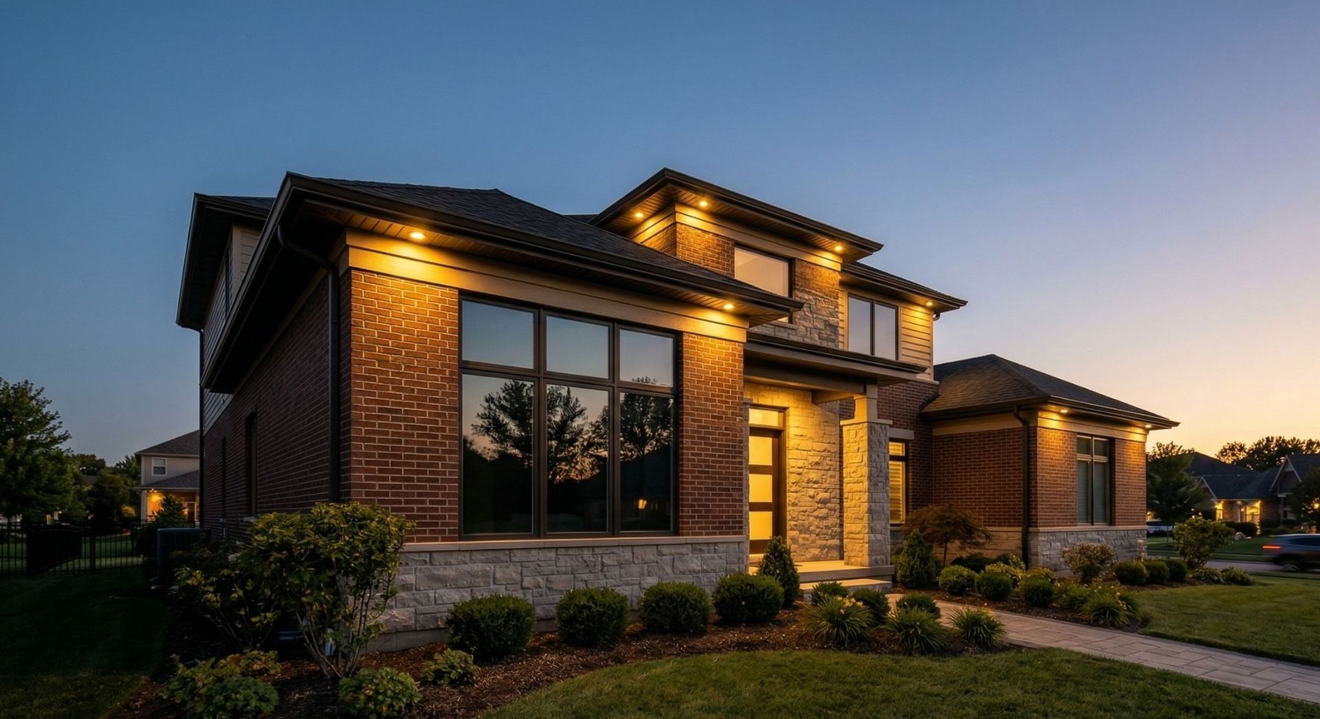 Modern brick house at dusk with warm interior lights, large windows, and a landscaped front yard