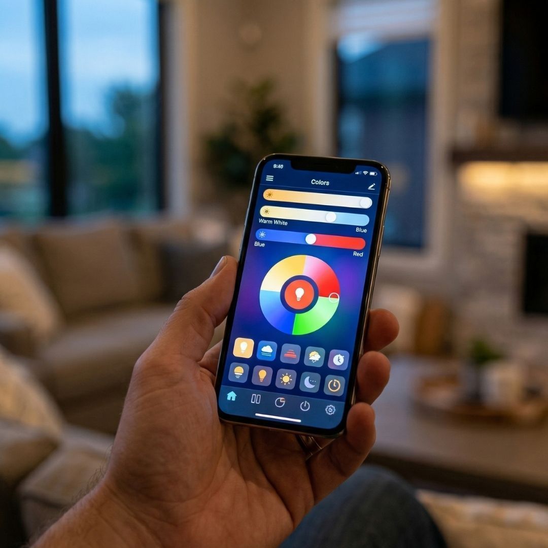 Hand holding a smartphone with a colorful control app open in a softly lit living room