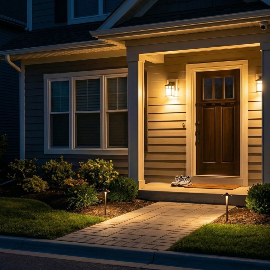 Lit front porch and walkway leading to a house entrance at night