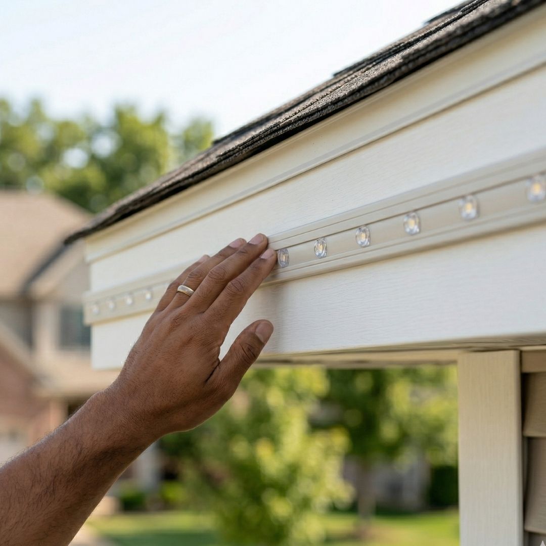 Hand touching white house gutter trim near roofline outdoors