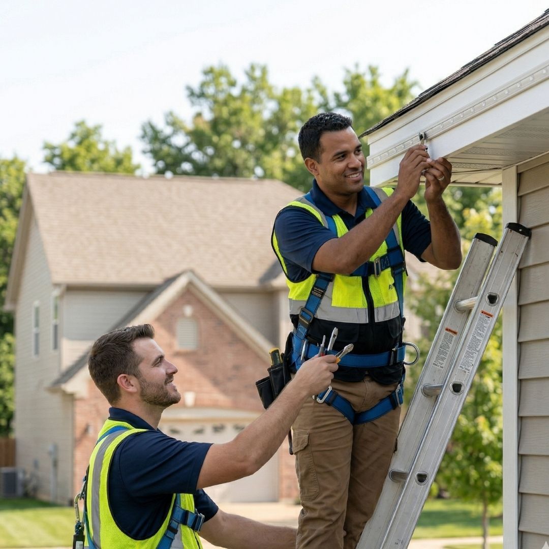 Two workers in safety vests inspect a house gutter, one standing on a ladder.