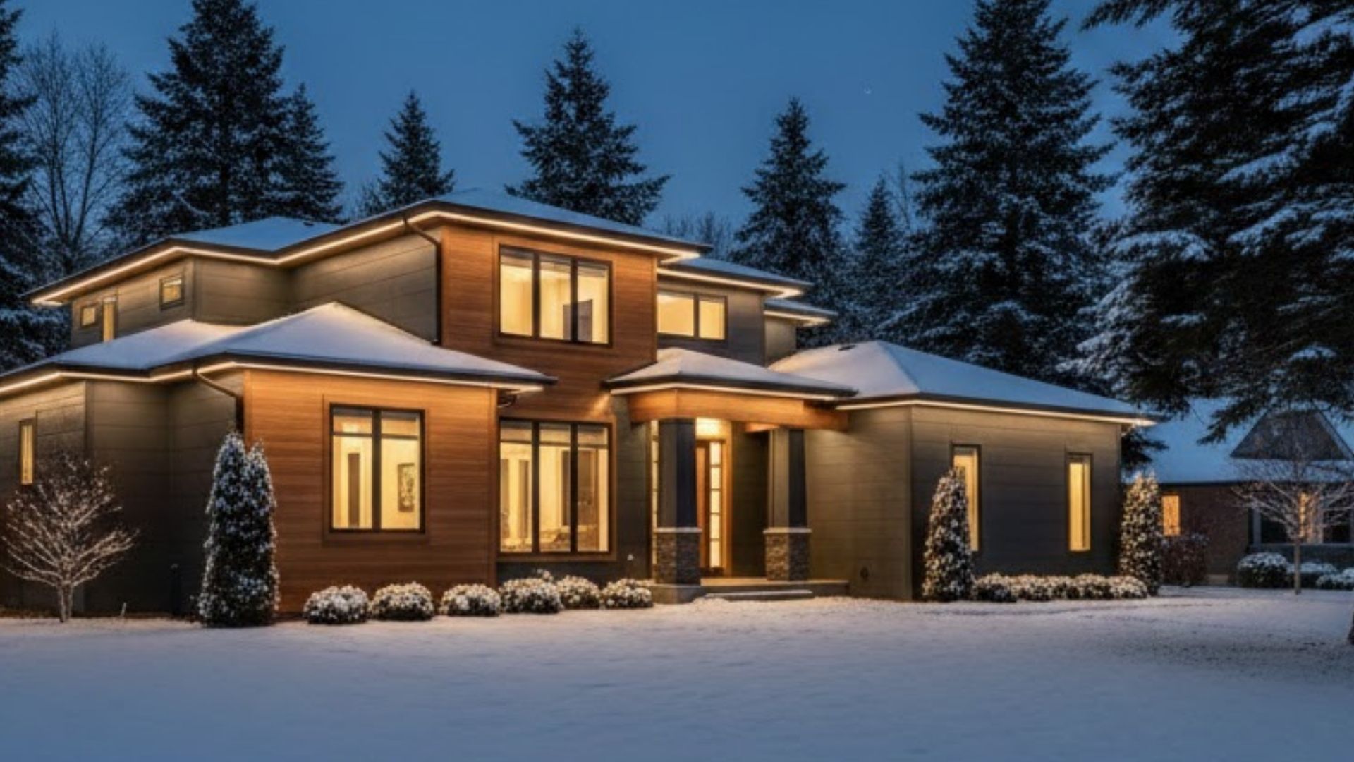 Modern two-story house glowing with warm lights in a snowy yard at dusk