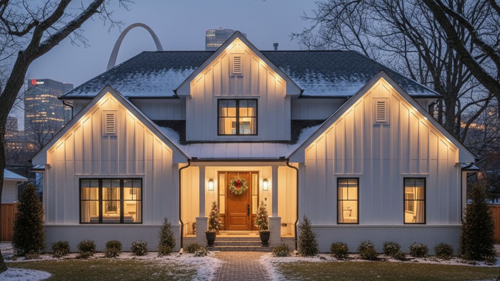 Snow-dusted house at dusk with warm glowing windows and lit front porch, framed by bare trees