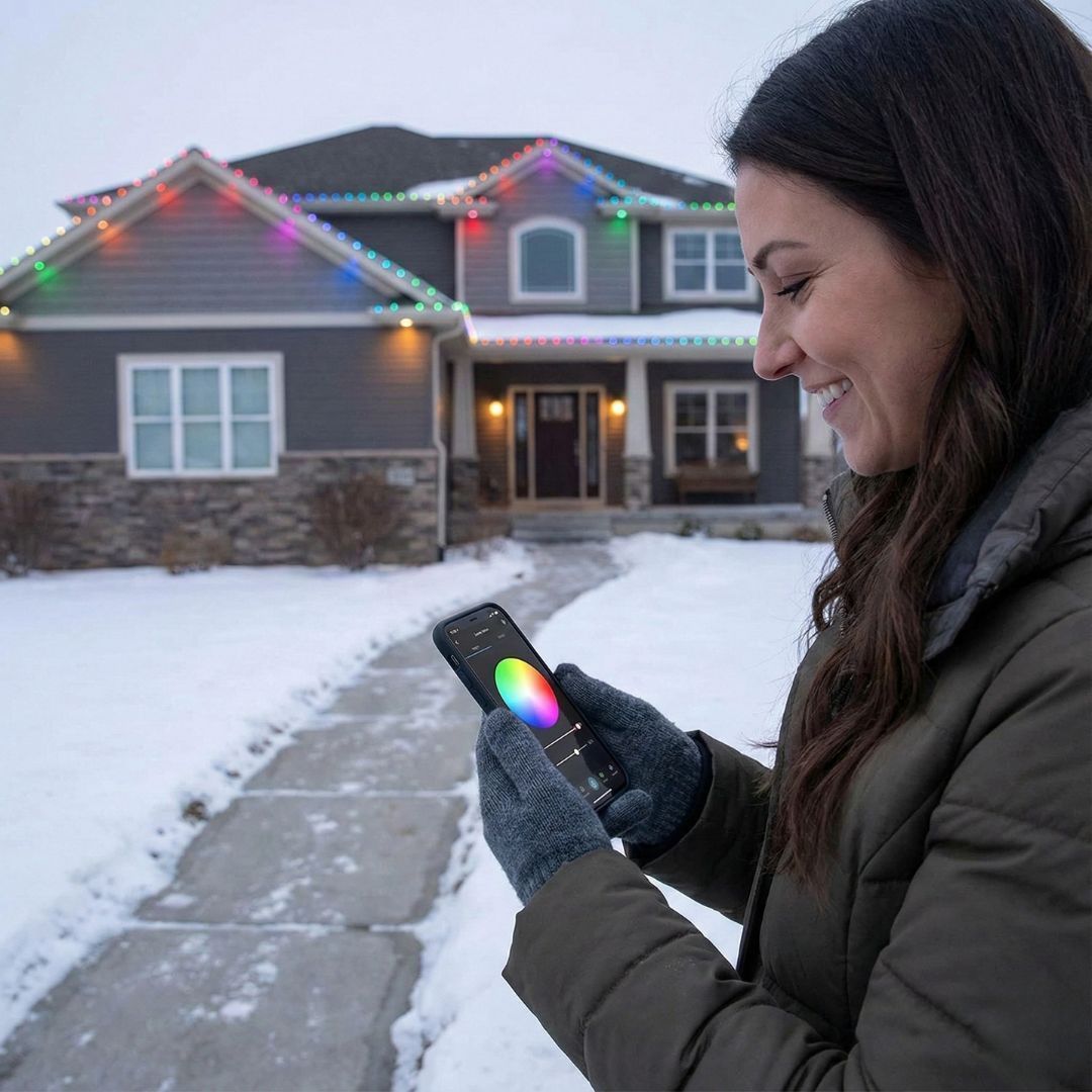 Woman using a smartphone to control colorful holiday lights on a snow-covered house at dusk