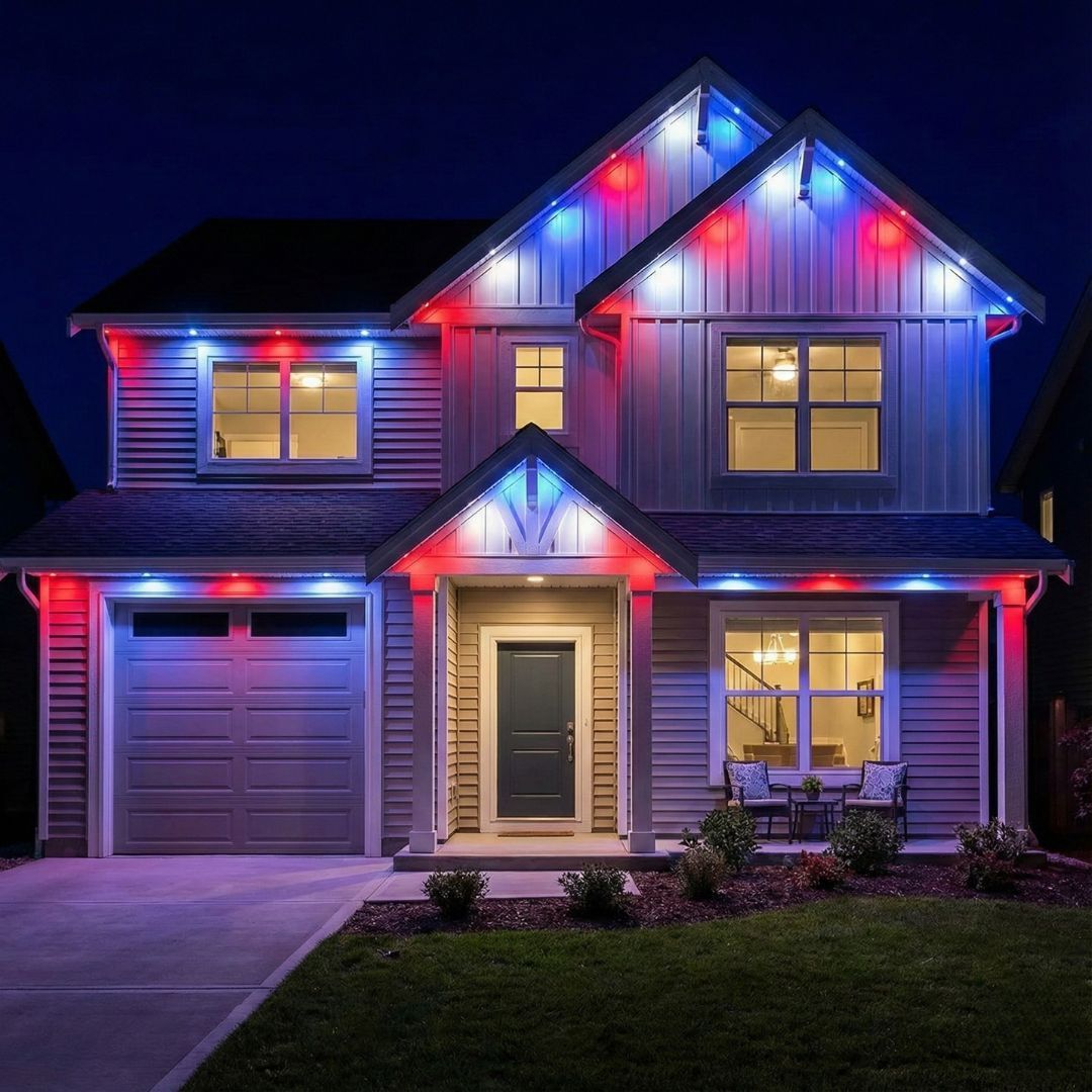 Two-story house lit with red and blue holiday lights at night, with a garage and front porch.