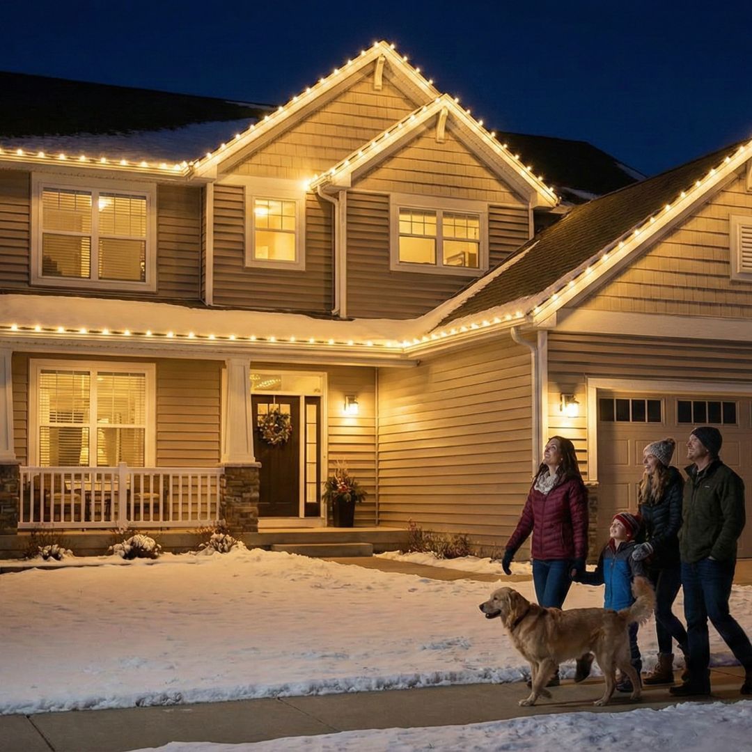 Family walking a dog past a snow-covered house lit with warm holiday lights at night