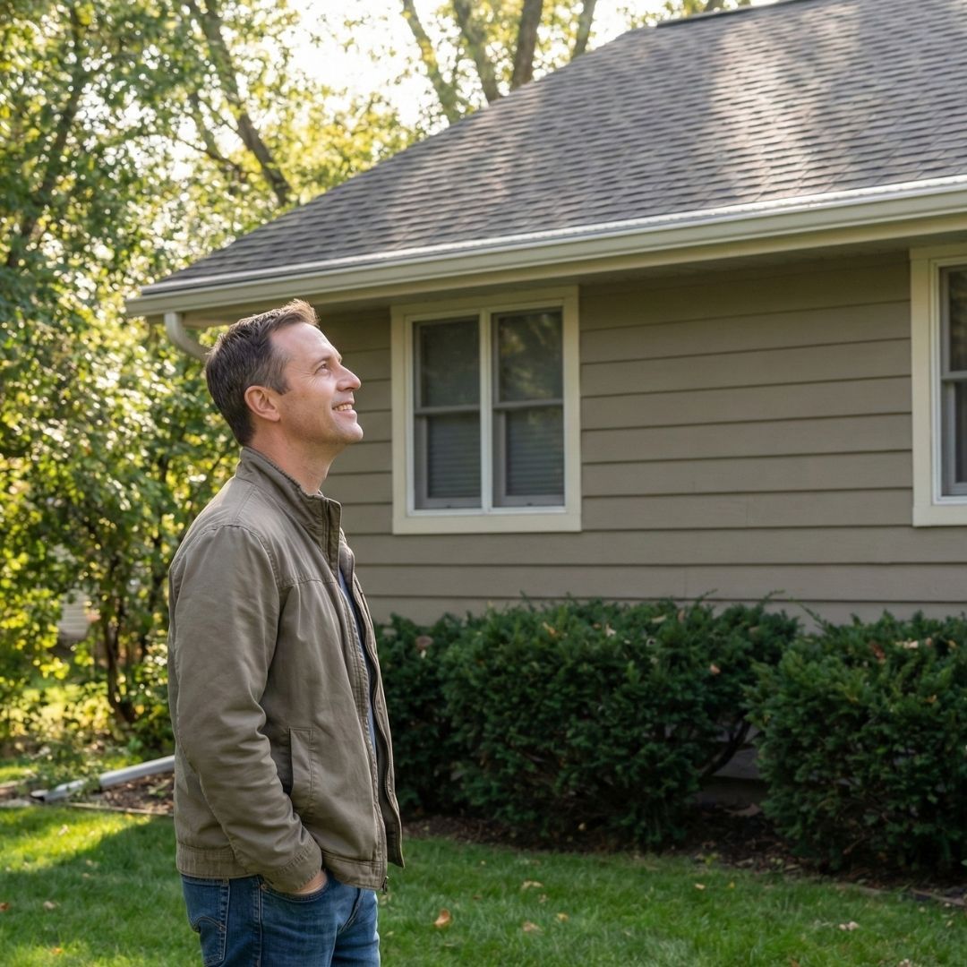 Man standing outdoors beside a house, looking up and smiling