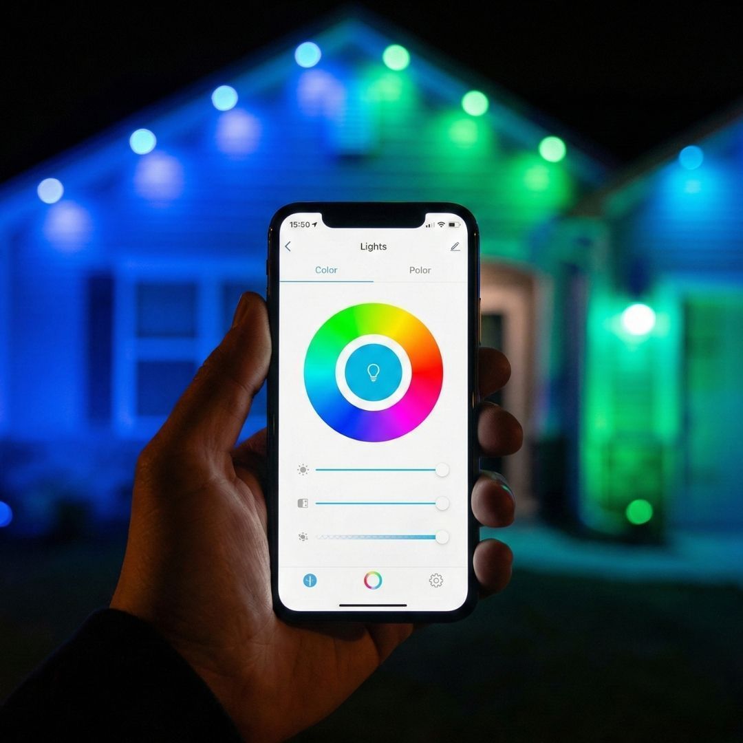 Hand holding smartphone with a colorful smart-light control app in front of a blue-green lit house