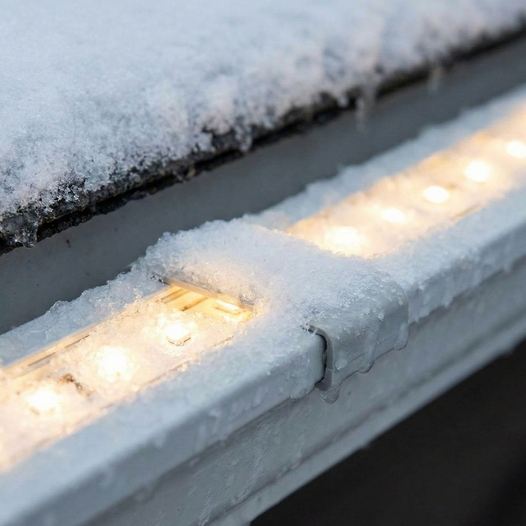 Snow-covered car roof with illuminated side marker lights glowing warm yellow.