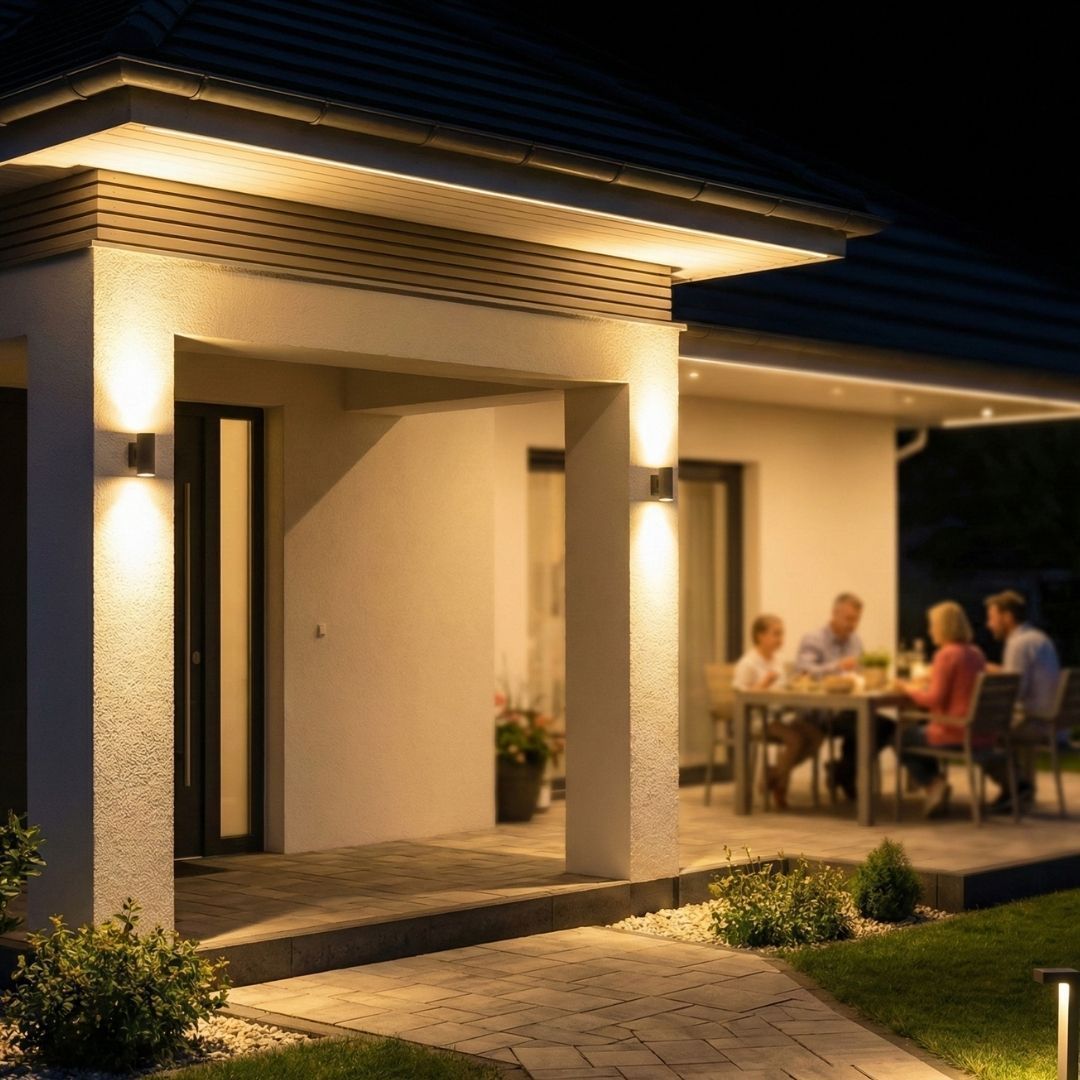 Modern house patio at night with warm lighting and people dining outdoors
