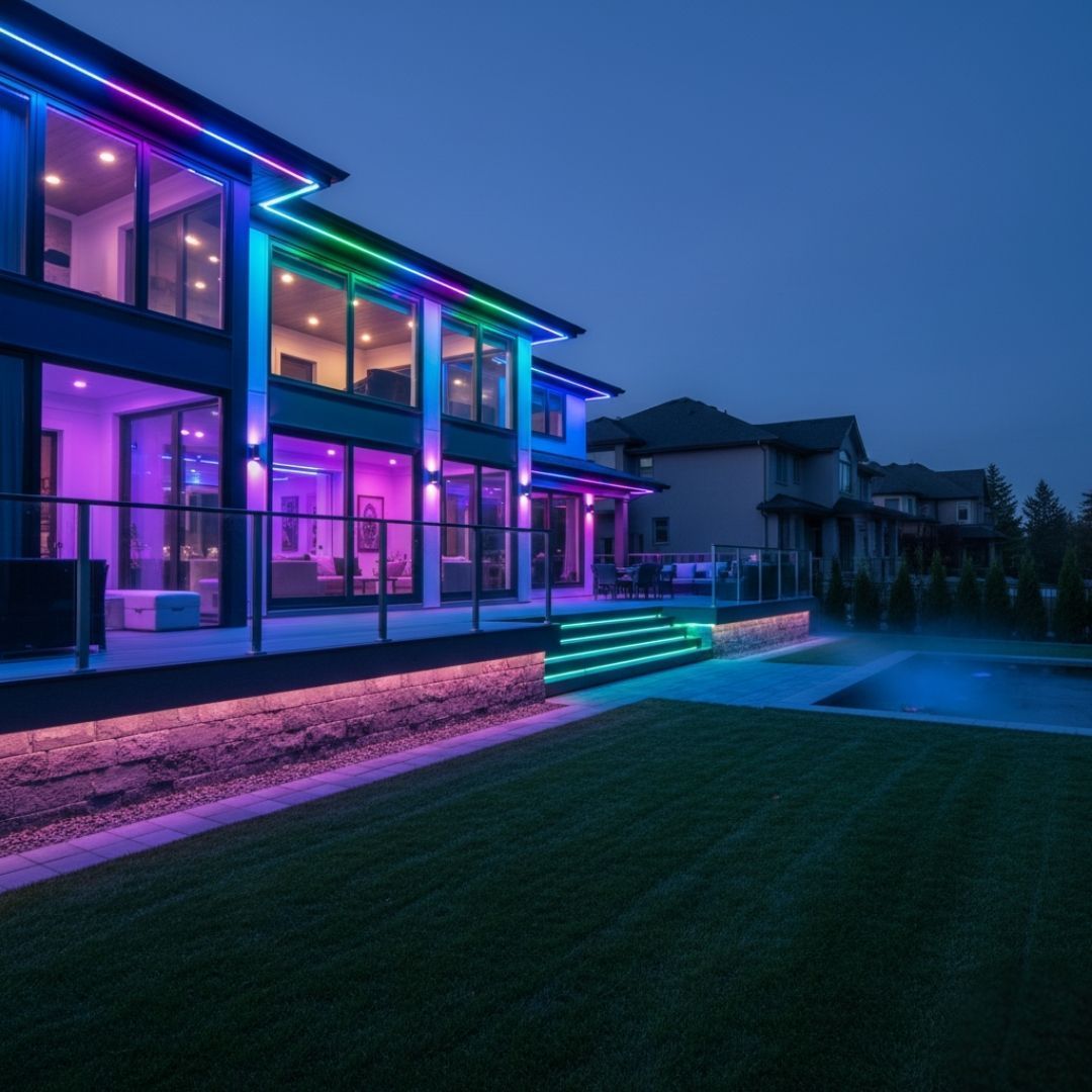 Modern house with purple and blue neon lights glowing at dusk beside a dark lawn