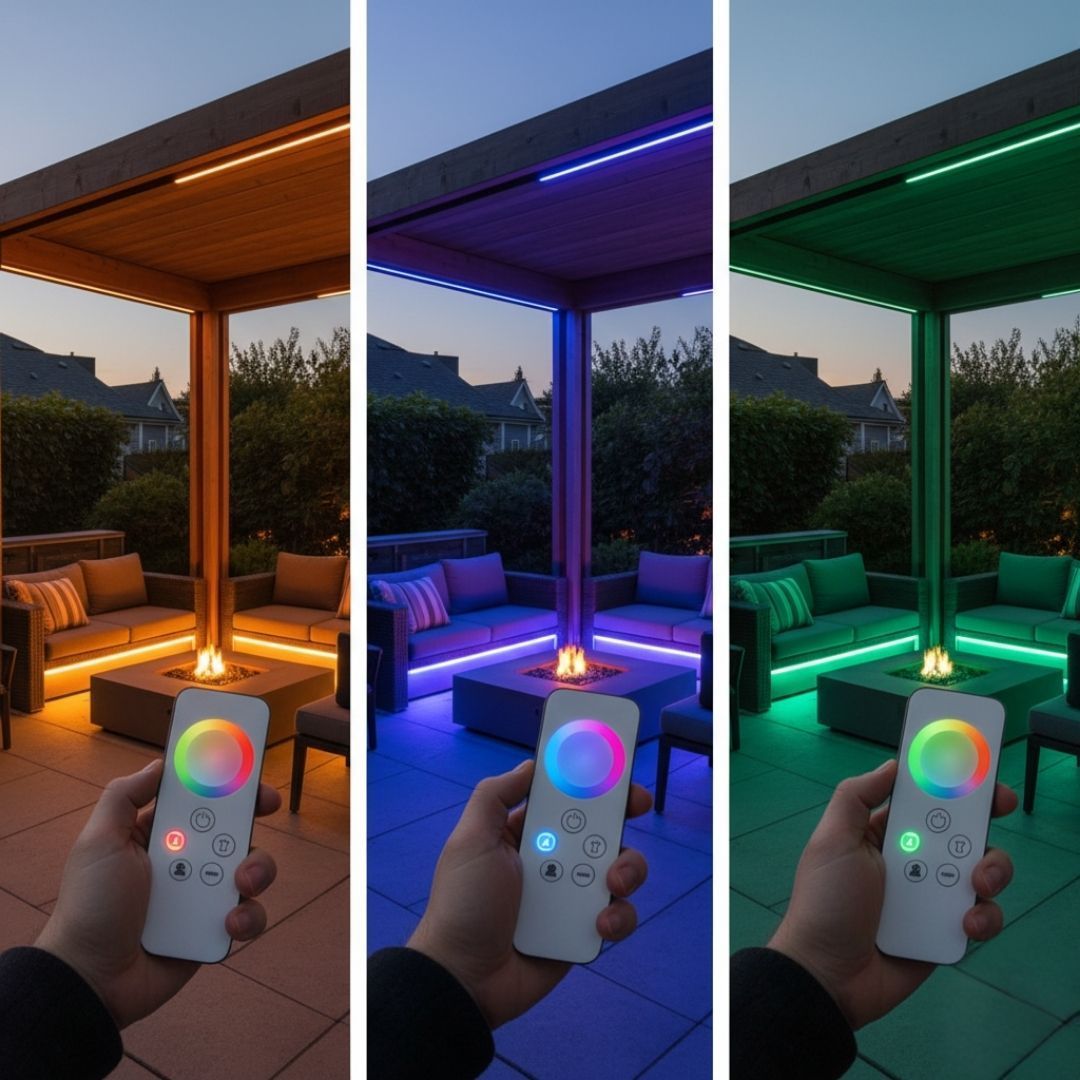 Backyard patio lit in warm, blue, and green hues, with a hand holding a color-changing LED remote.