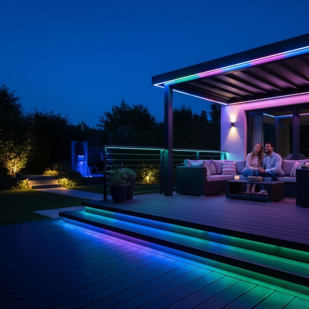 Modern backyard patio at night with purple-blue LED lighting and two people sitting on a sofa