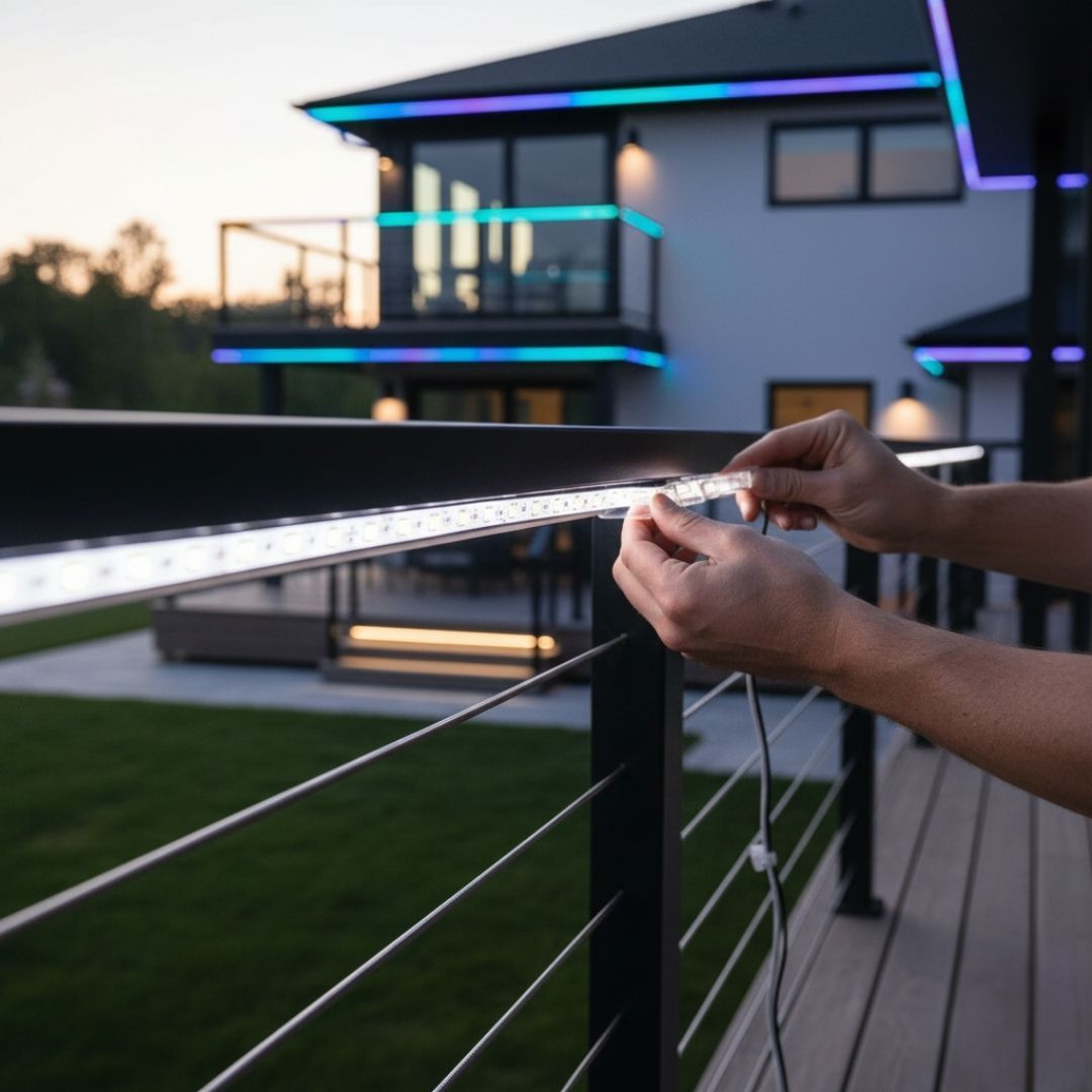Person installing LED strip lights on a modern house deck railing at dusk