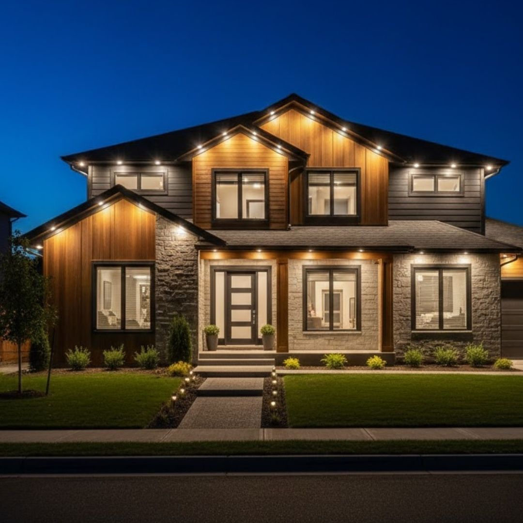 Modern two-story house at dusk with warm exterior lights, landscaped lawn, and a front walkway
