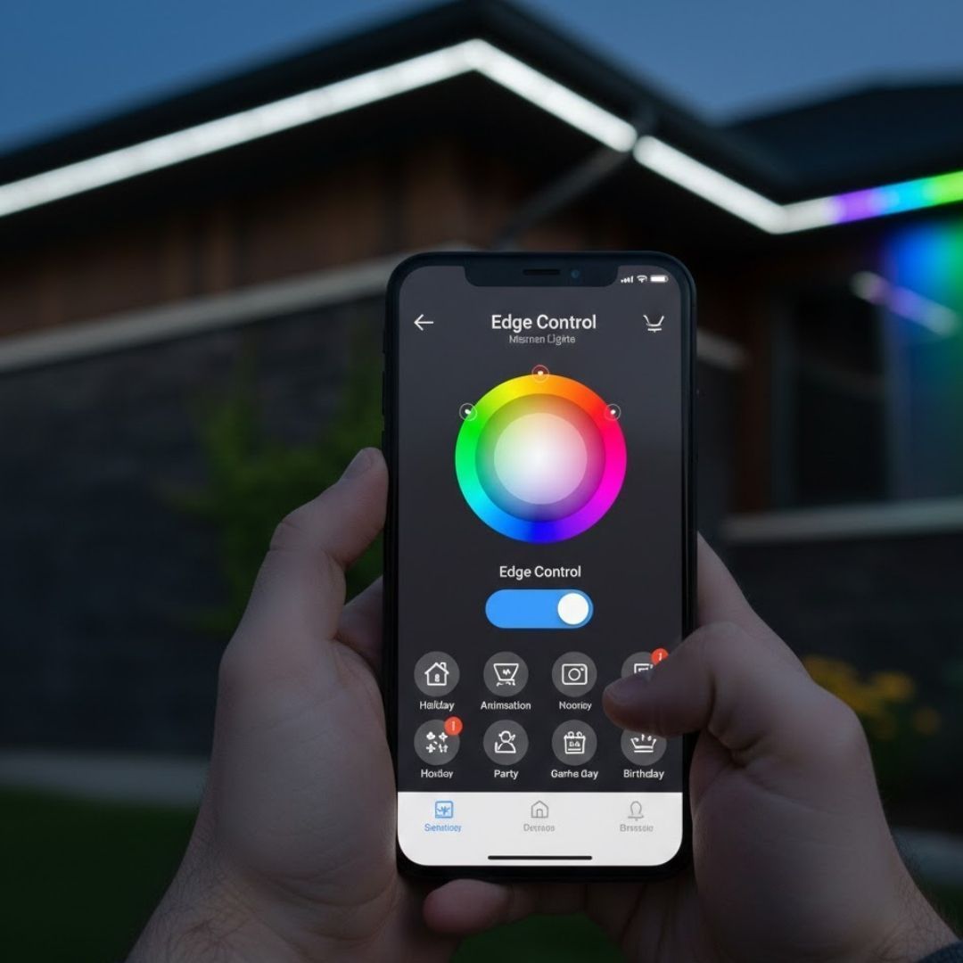 Hands holding a smartphone app adjusting colorful edge lighting on a house at dusk