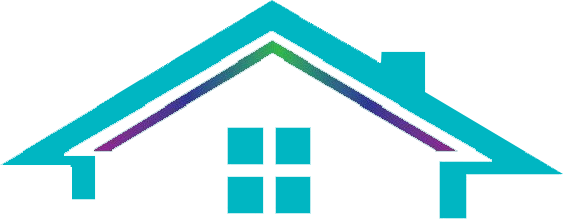 Stylized house logo with teal roof and window, accented by purple trim