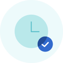 Blue clock icon with a check mark badge on a light background