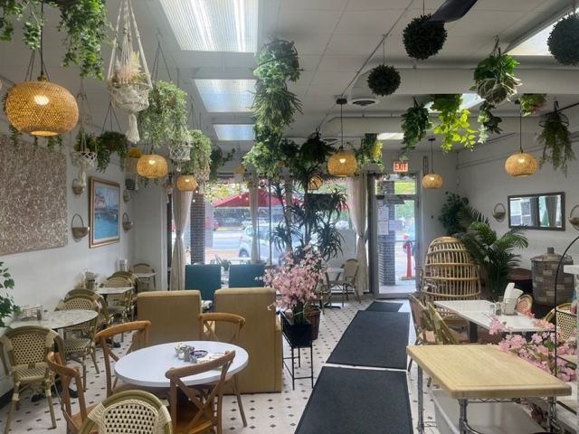 Cozy café interior with hanging plants, wicker chairs, round tables, and skylights.