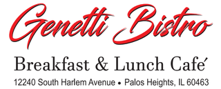 Genetti Bistro logo with red script, “Breakfast & Lunch Café,” and Palos Heights address