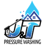 JT Pressure Washing logo with blue house, water spray, and cleaning wand, black and blue text